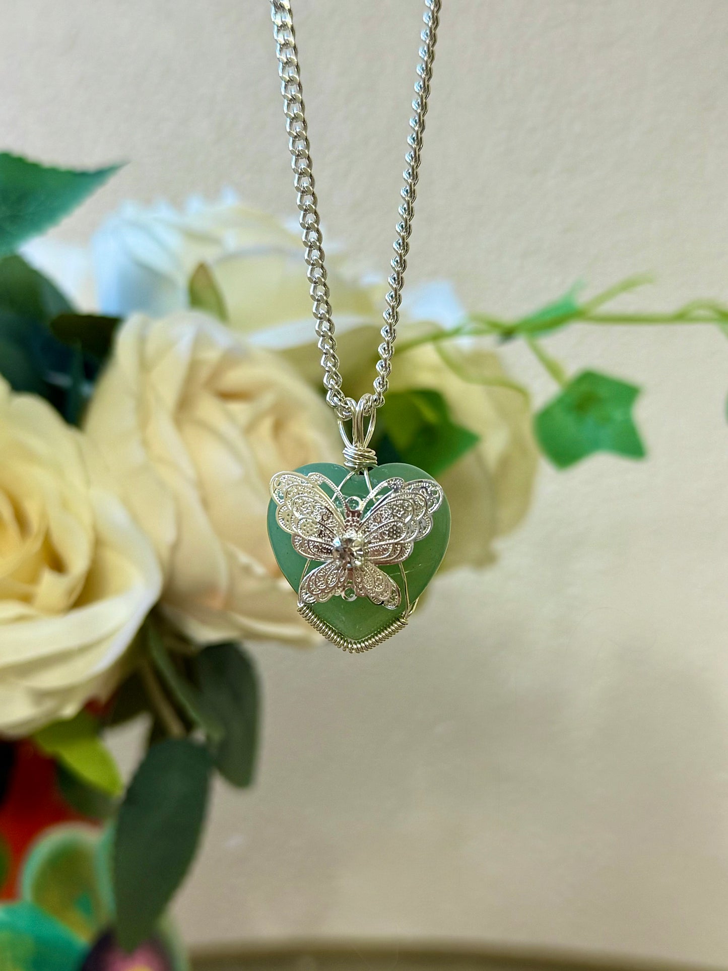 Aventurine, Silver Butterfly Necklace