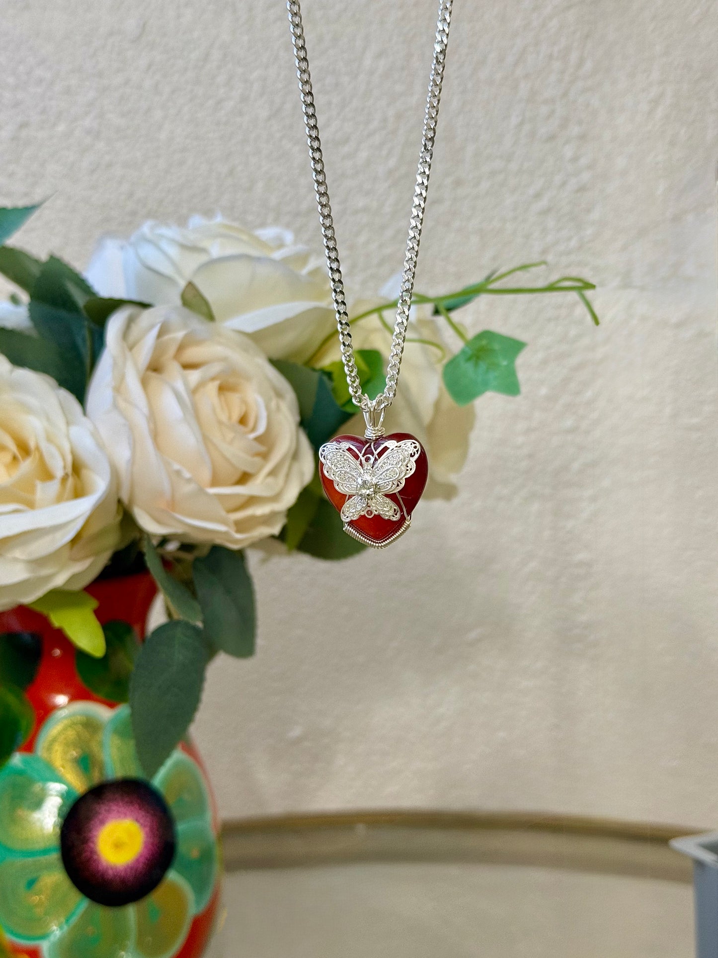 Silver Red Moon in Venus, Carnelian necklace