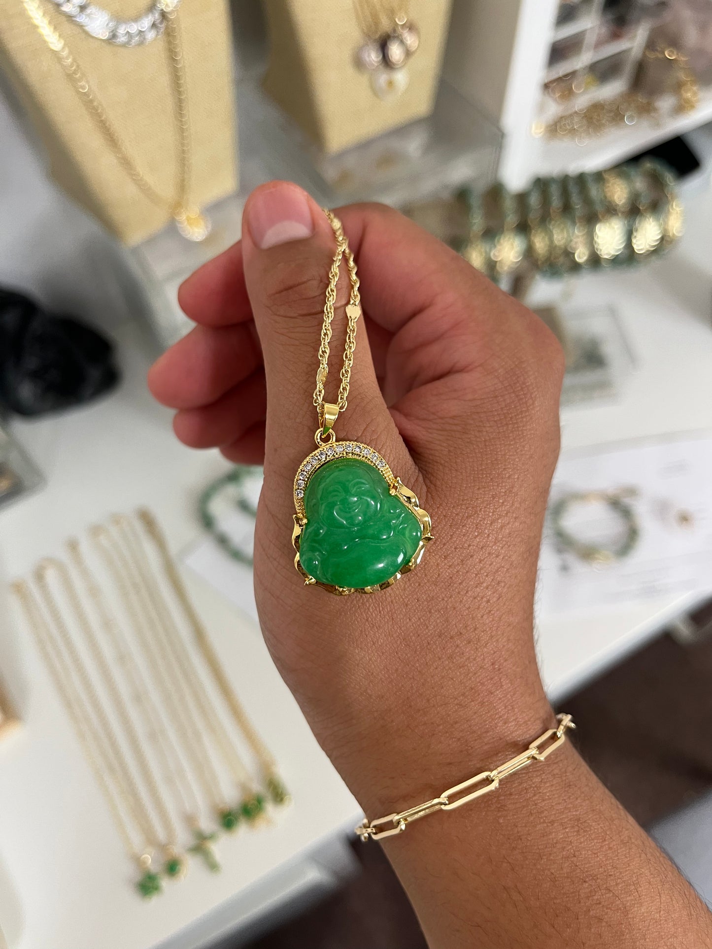 Great abundance jade laughing Buddha necklace