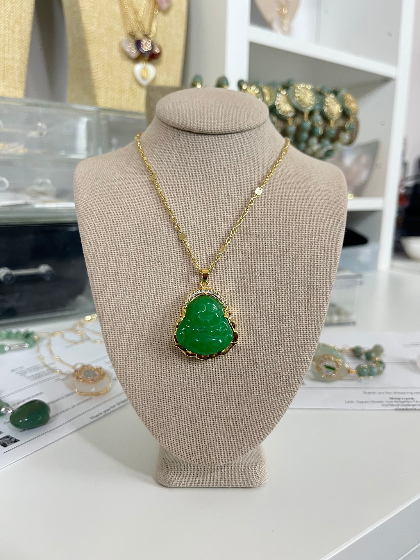 Great abundance jade laughing Buddha necklace