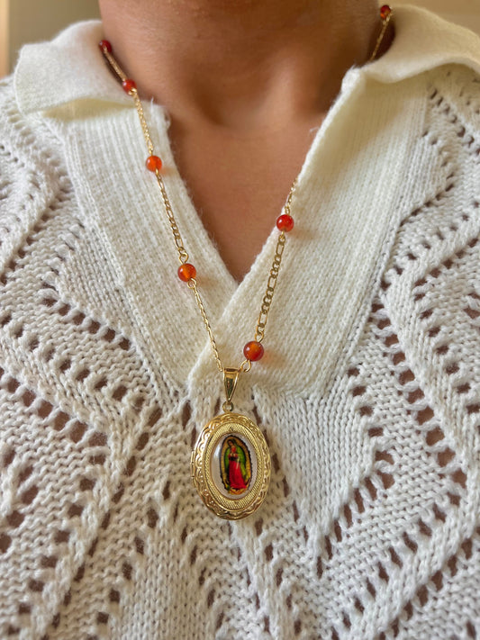 Carnelian Guadalupe, Vintage style locket