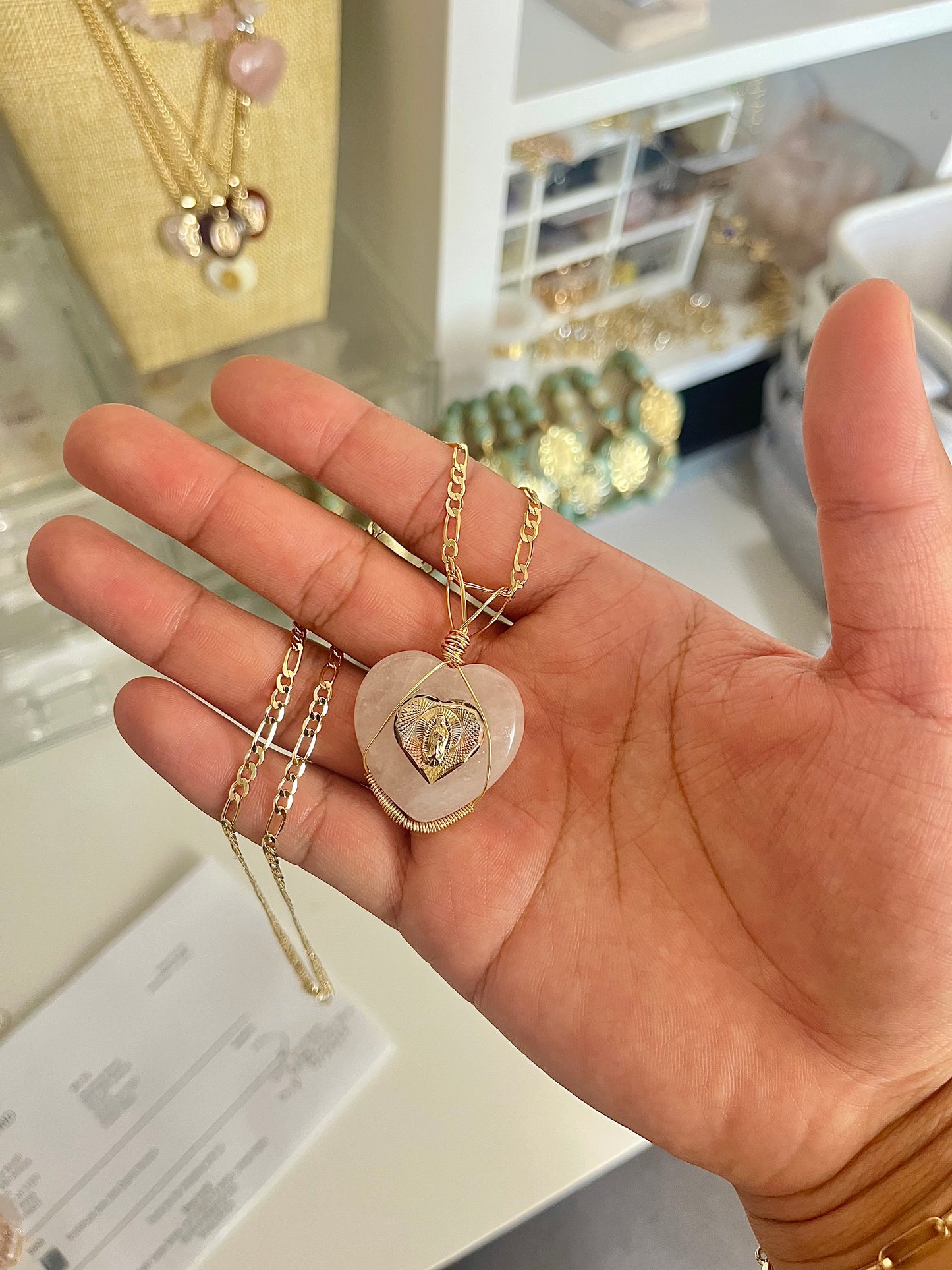 Mon amore virgencita Rose Quartz necklace